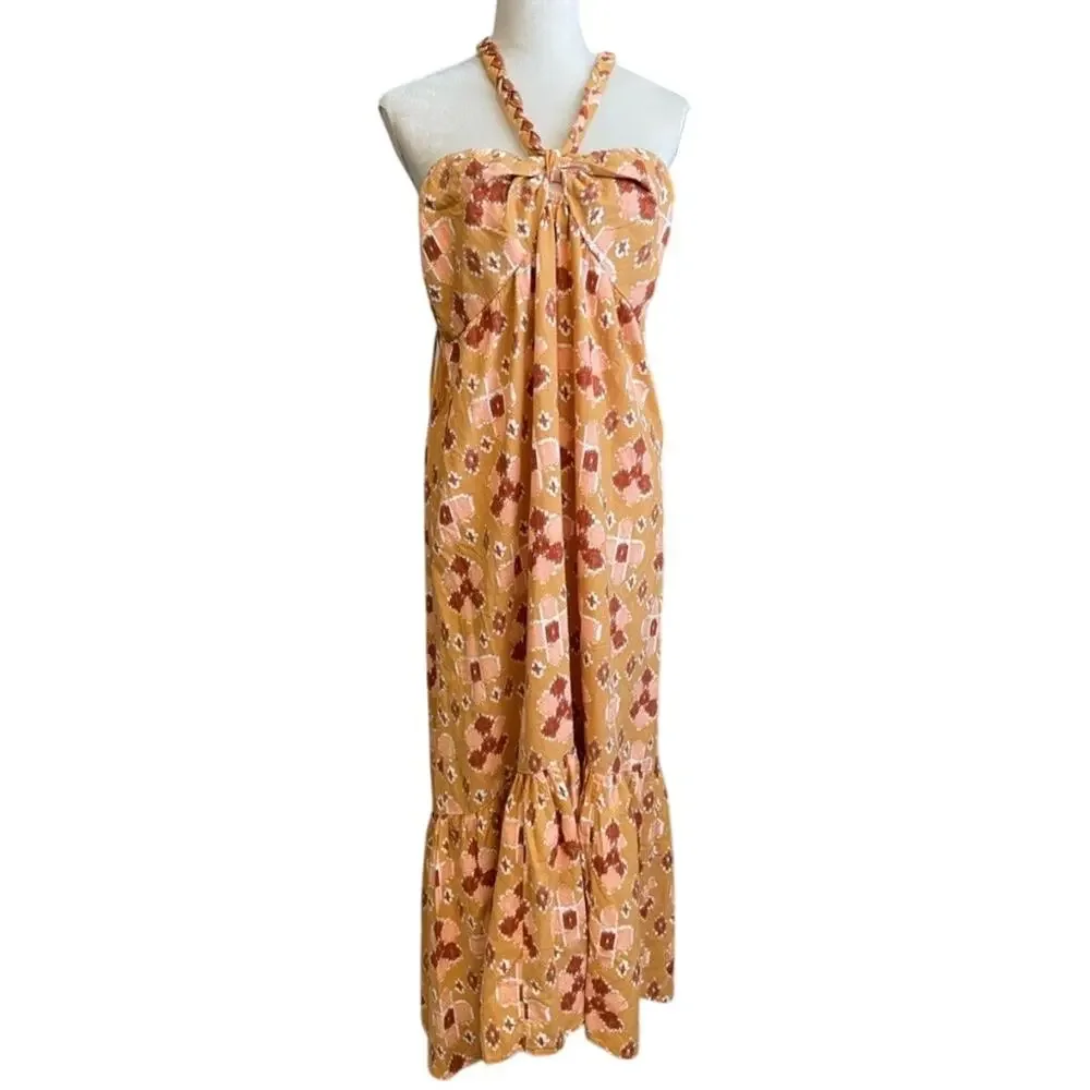 Aerie Linen Blend Braided Halter Maxi Dress Aztec Geometric Print Orange Size XL - Picture 2 of 5